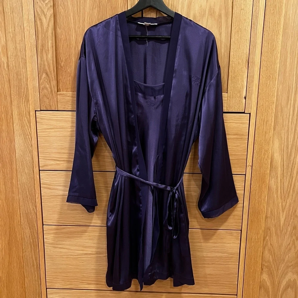 Oscar De La Renta Satin Slip and Robe Set Vintage Purple Size Large Pink Label